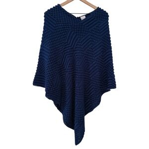 Chicos Women Poncho Top Size L/XL Navy Blue Asymmetrical‎ Hem Textured Knit Boho